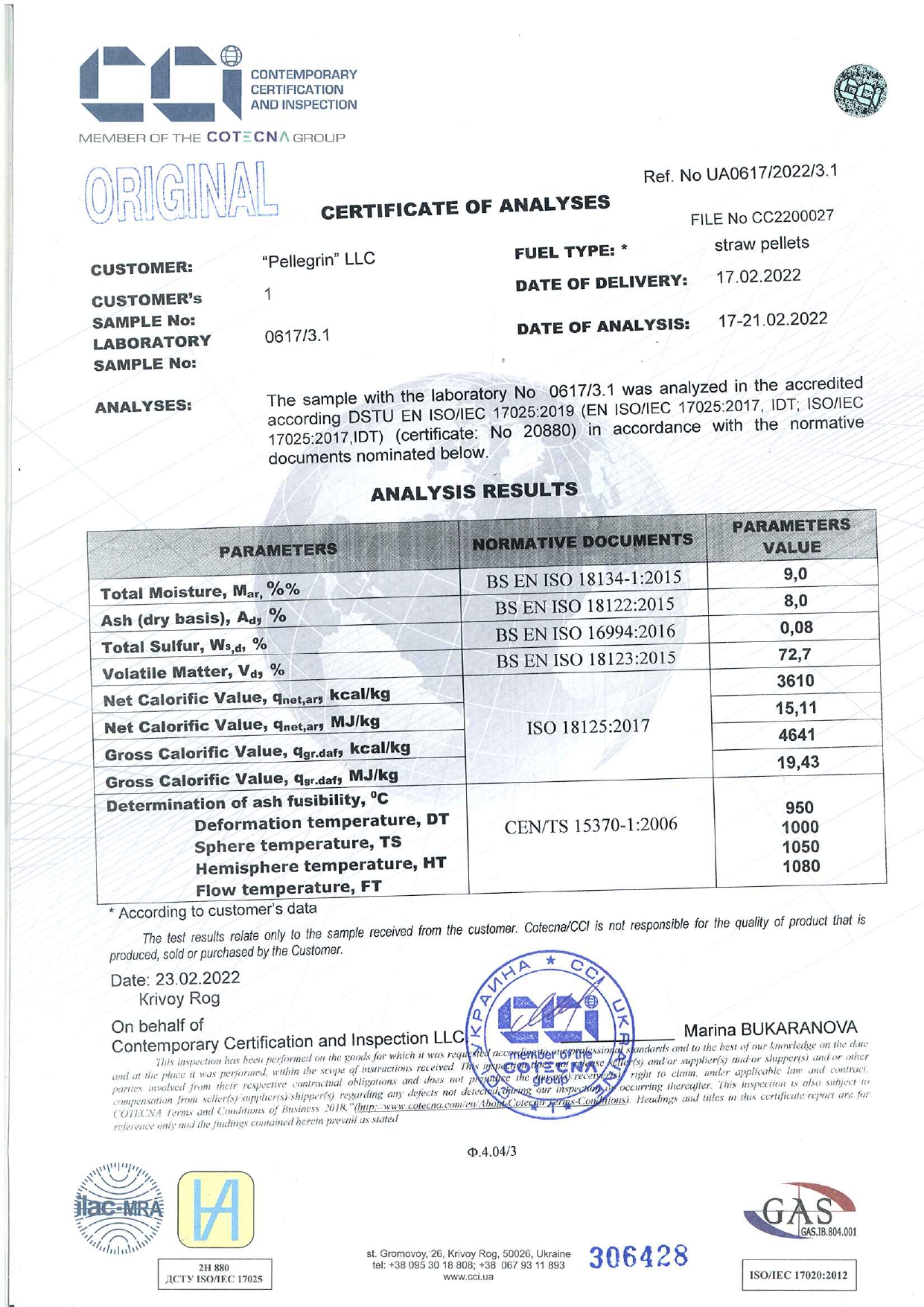 Certificate of fuel pellets