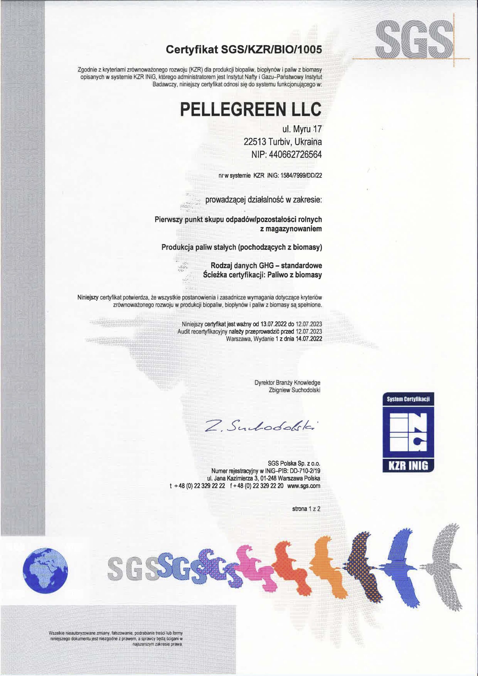 Certificate SGS KZR BIO